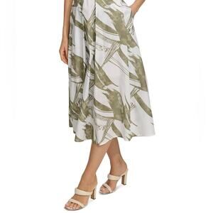 DKNY Printed Voile A Line White Green Olive Patterned Skirt Women's Size M NWT
